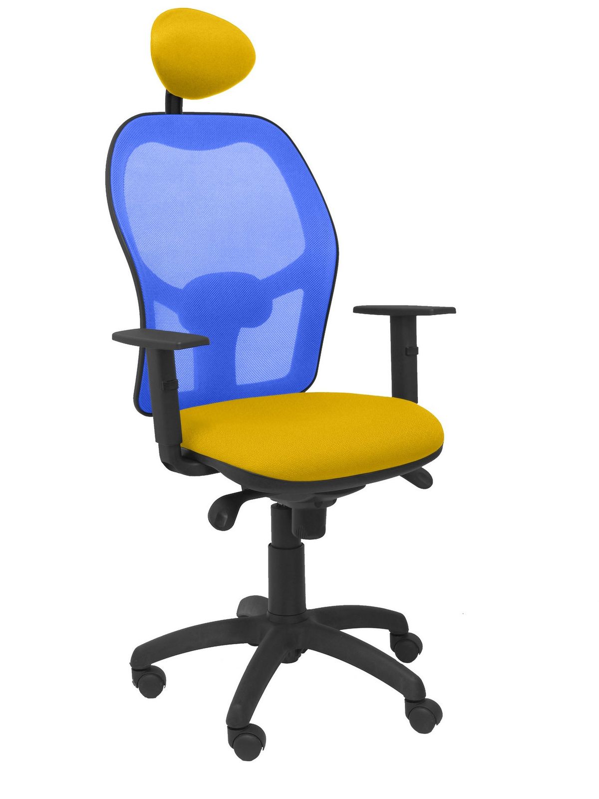 Silla Operativa de oficina Jorquera malla azul asiento bali amarillo con cabecero fijo