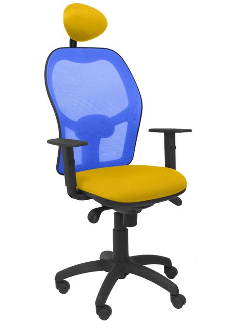 Silla Operativa de oficina Jorquera malla azul asiento bali amarillo con cabecero fijo