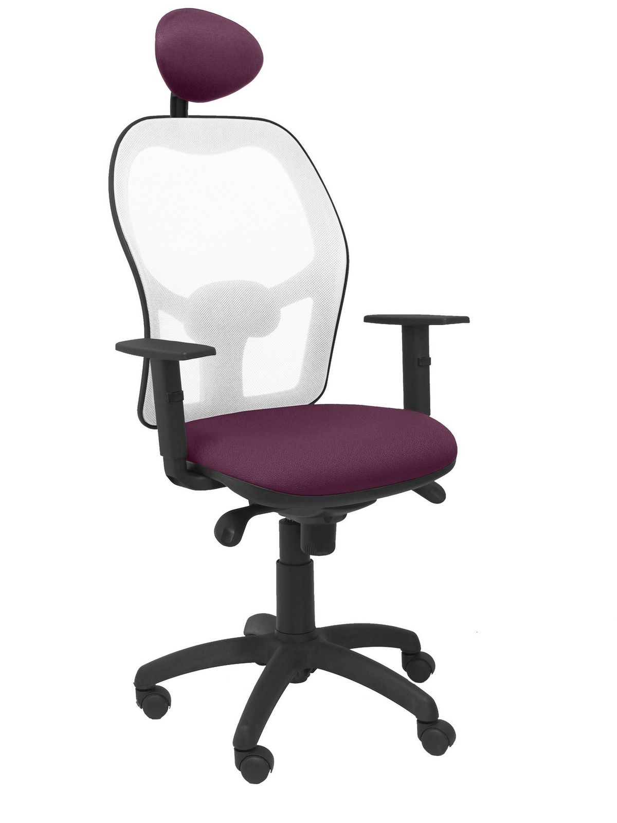 Silla Operativa de oficina Jorquera malla blanca asiento bali morado con cabecero fijo