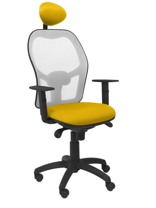 Silla Operativa de oficina Jorquera malla gris asiento bali amarillo con cabecero fijo