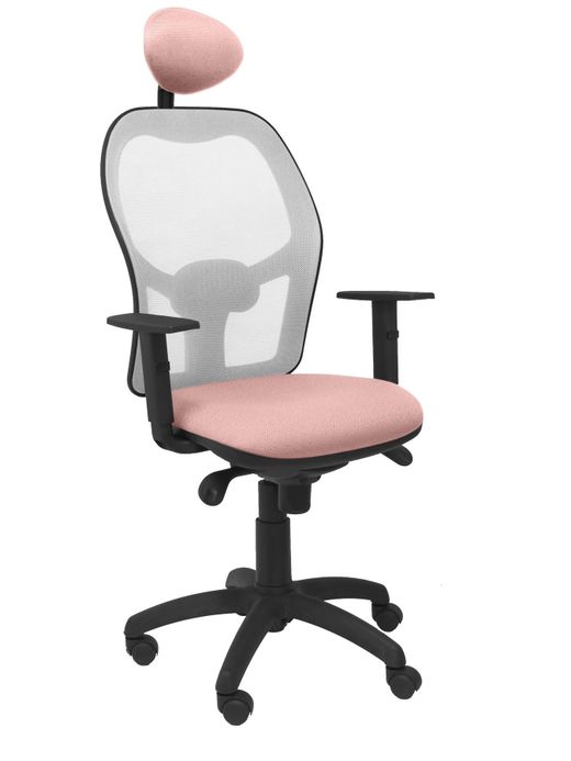Silla Operativa de oficina Jorquera malla gris asiento bali rosa pálido con cabecero fijo