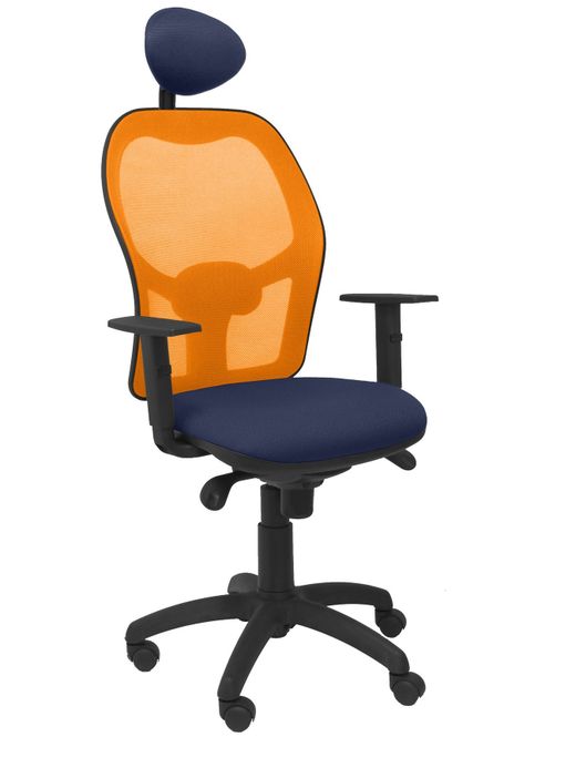 Silla Operativa de oficina Jorquera malla naranja asiento bali azul marino con cabecero fijo
