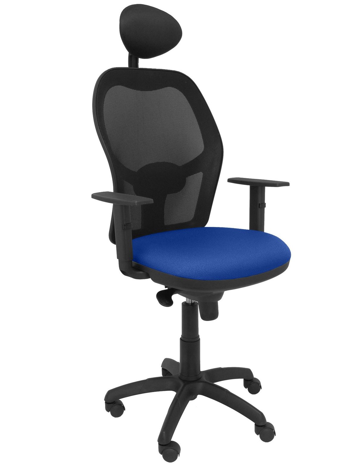 Silla Operativa de oficina Jorquera malla negra asiento bali azul con cabecero fijo