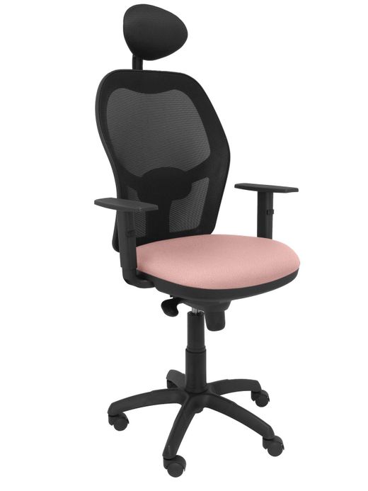 Silla Operativa de oficina Jorquera malla negra asiento bali rosa pálido con cabecero fijo