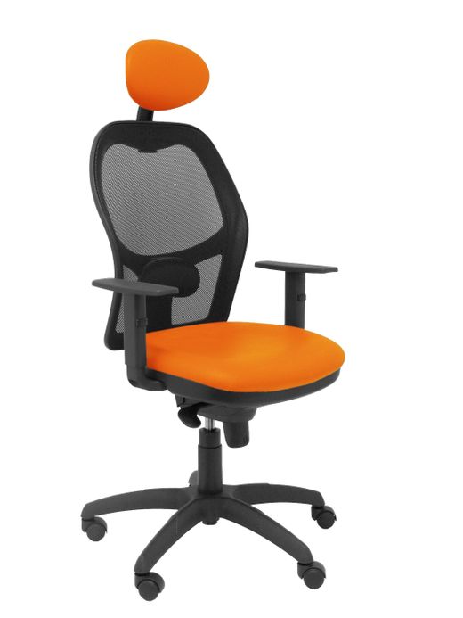 Silla Operativa de oficina Jorquera malla negra asiento similpiel naranja con cabecero fijo