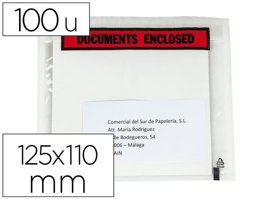 Sobre autoadhesivo q-connect portadocumentos multilingue 125x110 mm sin ventana paquete de 100 unidades