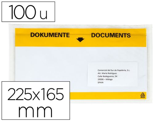 Sobre autoadhesivo q-connect portadocumentos multilingue 225x165 mm ventana transparente paquete de 100