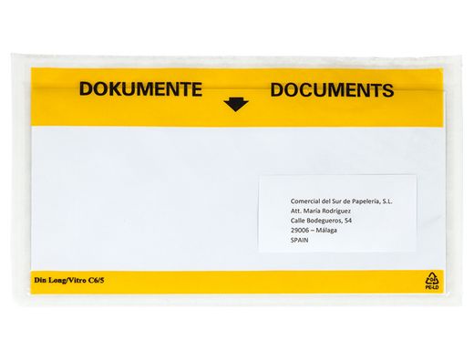 Sobre autoadhesivo q-connect portadocumentos multilingue 225x165 mm ventana transparente paquete de 100