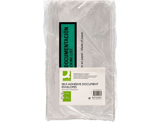 Sobre autoadhesivo q-connect portadocumentos multilingue 240x135 mm sin ventana 100% papel paquete de 100 unidades