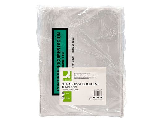 Sobre autoadhesivo q-connect portadocumentos multilingue 240x180 mm sin ventana 100% papel paquete de 100 unidades