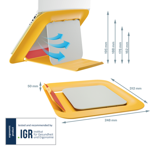 Soporte ordenador portátil ajustable Leitz Ergo Cosy, amarillo