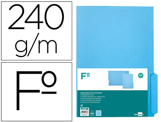 Subcarpeta cartulina liderpapel folio pestaña inferior 240g/m2 azul