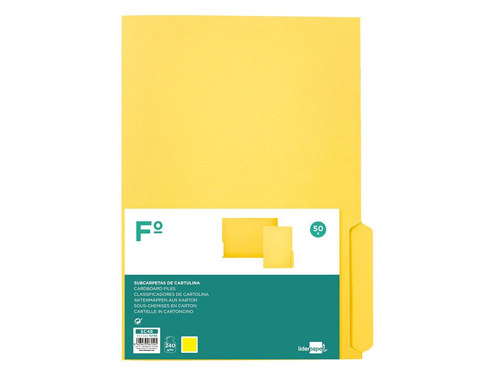 Subcarpeta cartulina liderpapel folio pestaña inferior 240g/m2 color amarillo