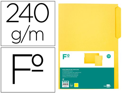 Subcarpeta cartulina liderpapel folio pestaña superior 240g/m2 color amarillo