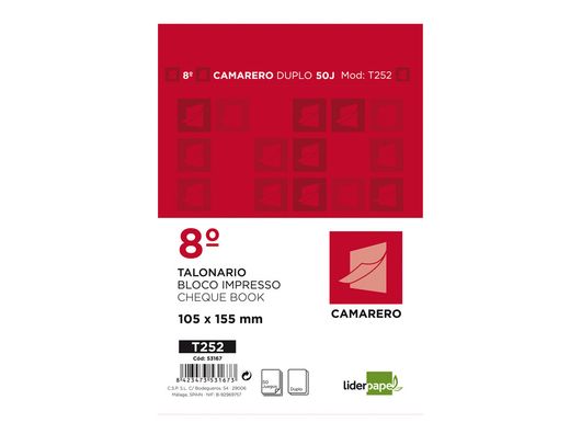 Talonario Liderpapel Camarero 8º Original y Copia T252 Zig Zag