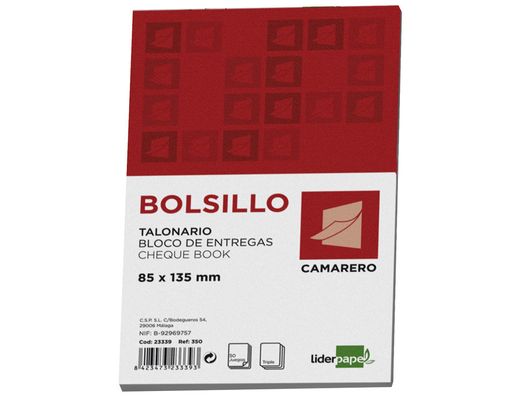Talonario Liderpapel Camarero Bolsillo Original y Copia T250