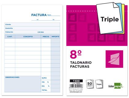 Talonario Liderpapel Facturas 8º Original y 2 Copias T300 con I.V.A.