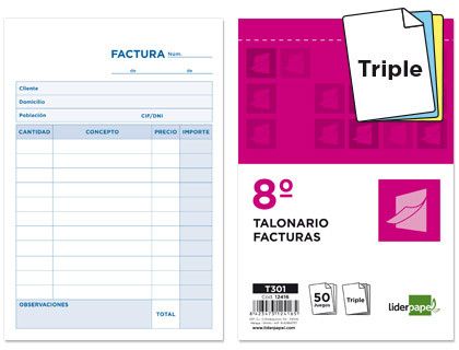 Talonario Liderpapel Facturas 8º Original y 2 Copias T301 Sin I.V.A.