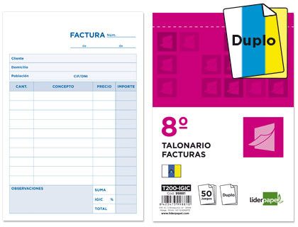 Talonario liderpapel facturas 8º original y copia t200 con i.g.i.c