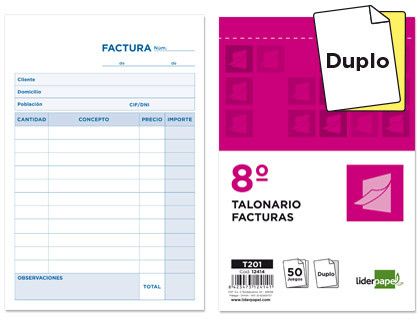 Talonario Liderpapel Facturas 8º Original y Copia T201 Sin I.V.A.
