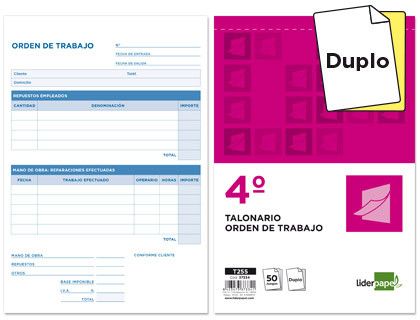 Talonario Liderpapel Orden de Trabajo Cuarto Original y Copia T255