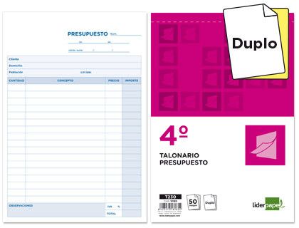 Talonario Liderpapel Presupuesto Cuarto Original y Copia T230