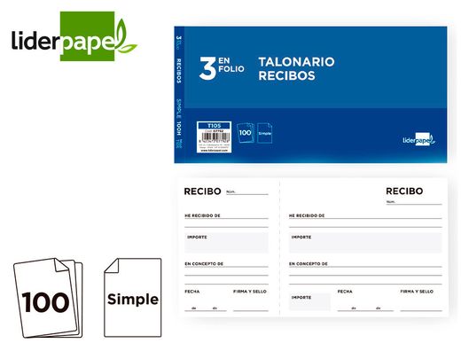 Talonario Liderpapel Recibos Tres en Folio Apaisado.Con matriz. Original