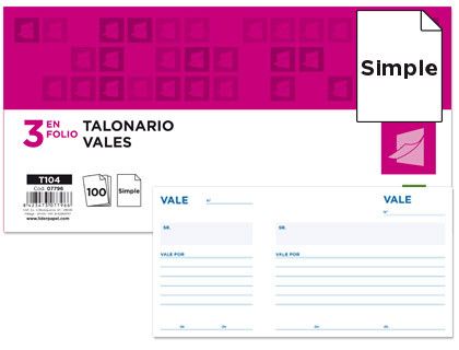 Talonario Liderpapel Vales Tres en Folio 104