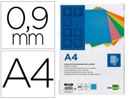 Tapa encuadernacion liderpapel carton a4 0,9mm azul fluor paquete de 50 unidades