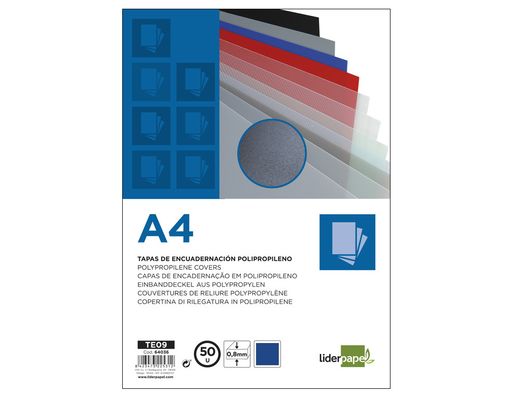 Tapa Encuadernacion Liderpapel Polipropileno A4 0.8Mm Azul Paquete de 50 Unidades