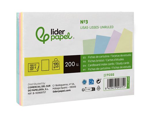 Tarjeta liderpapel para estudiar lisa cartulina de colores 170gr 100x150mm paquete de 200 unidades