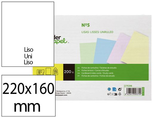 Tarjeta liderpapel para estudiar lisa cartulina de colores 170gr 160x220mm paquete de 200 unidades