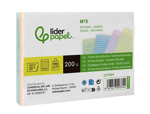 Tarjeta liderpapel para estudiar rayada cartulina de colores 170gr 100x150mm paquete de 200 unidades