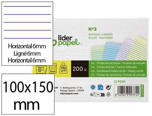 Tarjeta liderpapel para estudiar rayada cartulina de colores 170gr 100x150mm paquete de 200 unidades