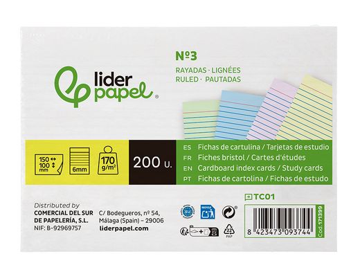 Tarjeta liderpapel para estudiar rayada cartulina de colores 170gr 100x150mm paquete de 200 unidades
