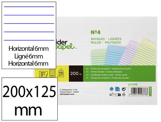 Tarjeta liderpapel para estudiar rayada cartulina de colores 170gr 125x200mm paquete de 200 unidades
