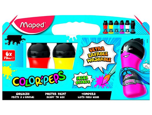 Tempera maped color peps ultra lavable caja de 6 colores surtidos primarios 75 ml