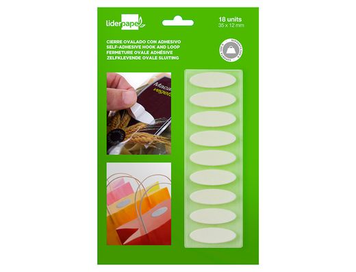 Velcro autoadhesivo ovalado liderpapel blanco 35x12 mm blister de 18 unidades