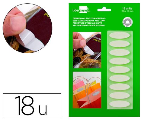 Velcro autoadhesivo ovalado liderpapel blanco 35x12 mm blister de 18 unidades