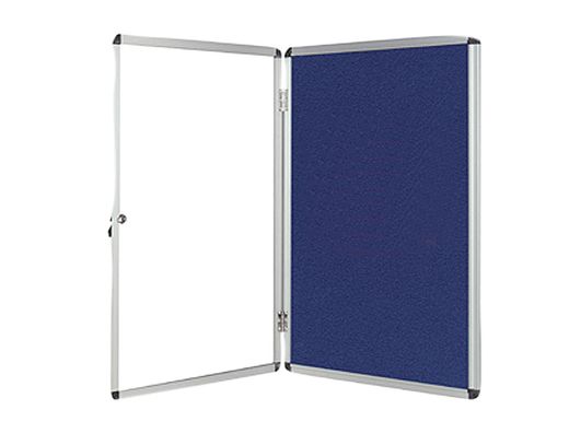Vitrina de anuncios q-connect mural pequeña fieltro azul con puerta y marco con cerradura 72x98 cm