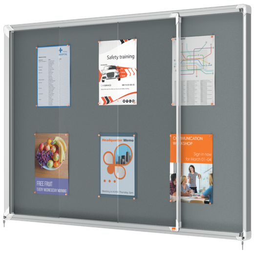 Vitrina NOBO Premium Plus de puerta corredera fondo de fieltro 18xA4 hojas, gris